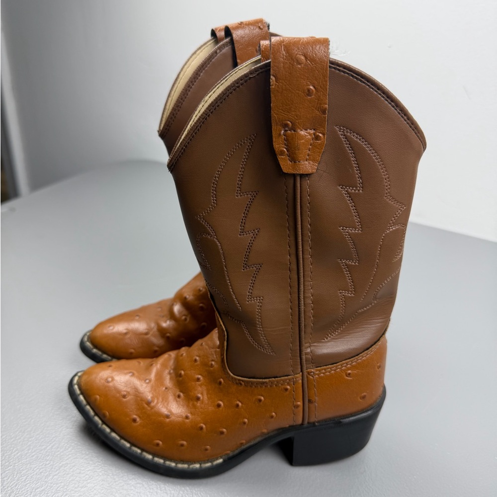 Old West Kids Brown Synthetic Ostrich Leather Cowboy Boots Size 13 Youth Pull On - Picture 2 of 8